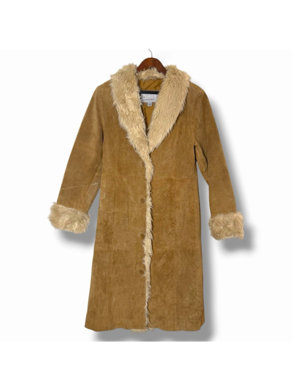 VTG Wilsons Leather Tan Suede Penny Lane Coat Cream Faux Fur Collar Medium
